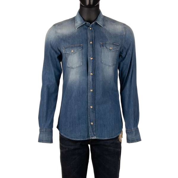 Washed effect Jeans / Denim shirt with DG Family with push button fastening and two front pockets in blue by DOLCE & GABBANA