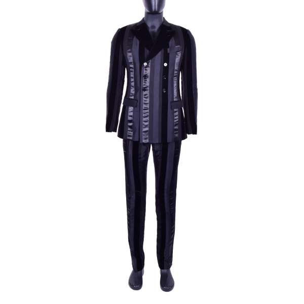 Zweireihiger 3-Teile Patchwork Anzug mit angenähten Streifen aus Seide, Wildseide, Canvas und Samt von DOLCE & GABBANA Black Label
