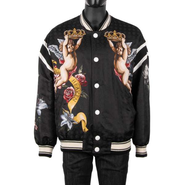 Stuffed wide cut bomber jacket "DG Heaven" with angels and flowers baroque print in black by DOLCE & GABBANA