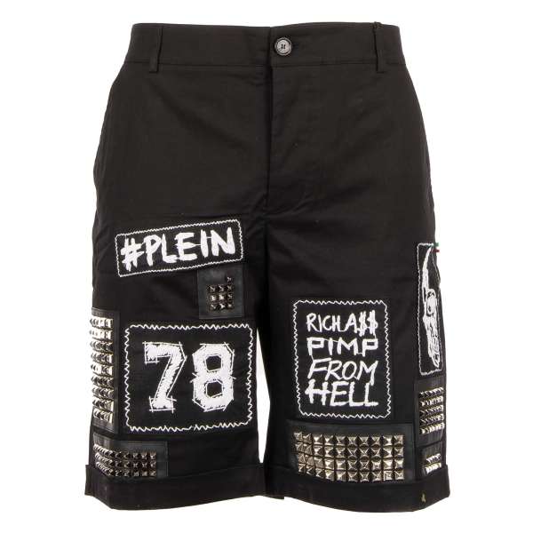  "Unilateral" cotton shorts embellished with logo patches and studs in black by PHILIPP PLEIN