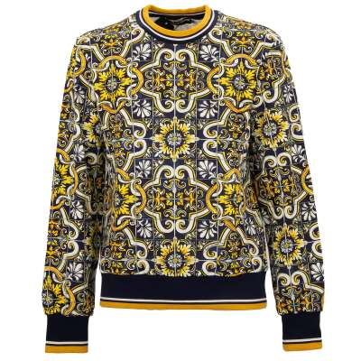 Baumwolle Pullover mit Majolika und Logo Print Blau Gelb 46 S