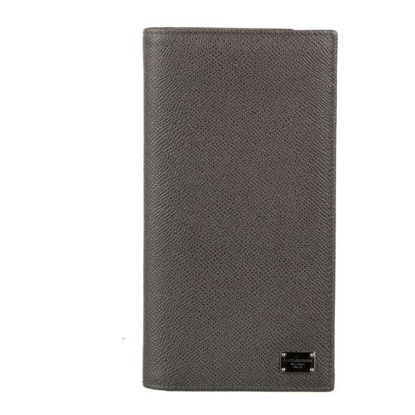 Large dauphine leather bifold wallet with many pockets and slots and DG logo plate in gray by DOLCE & GABBANA