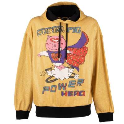 Oversize Hoody Sweater with Super Pig Power Hero Print Gold