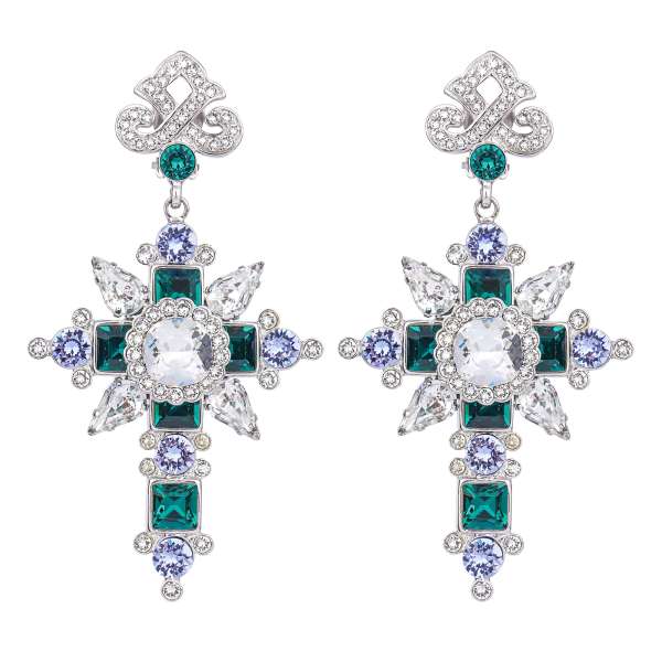  Cross Clip Earrings with crystals in white, green purple and silver by DOLCE & GABBANA