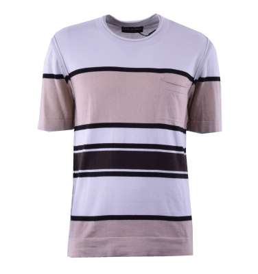 Knitted Cotton Cashmere T-Shirt with Stripes Brown Beige