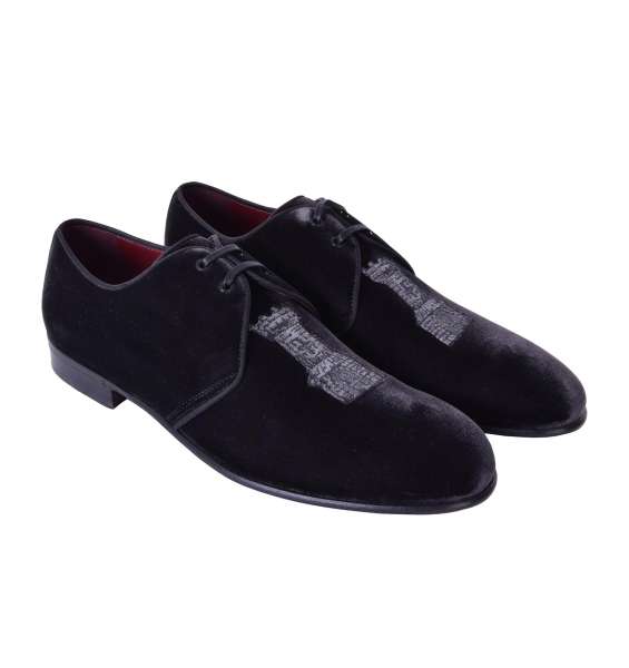 Velvet lace up derby shoes MILANO with tower embroidery by DOLCE & GABBANA Black Label