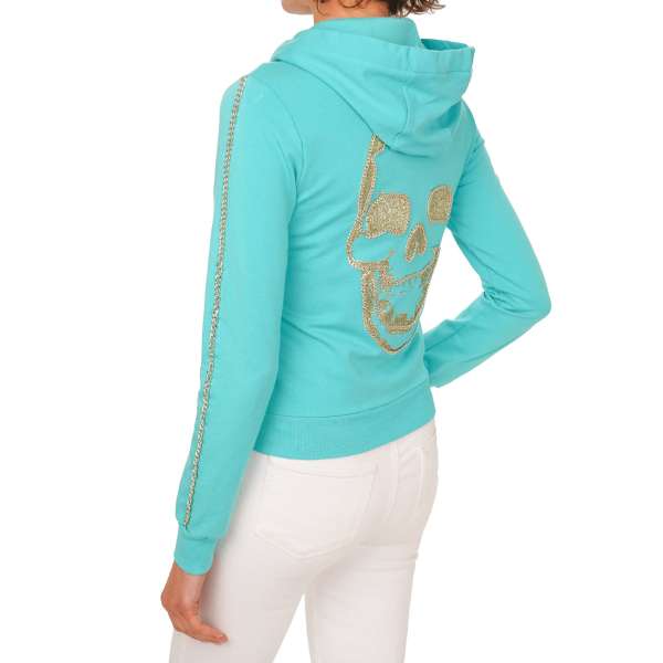 Hoodie Jacke für Damen mit Totenkopf Stickerei auf der Rückseite,Ketten Applikationen und Philipp Plein Logo vorne von PHILIPP PLEIN 
