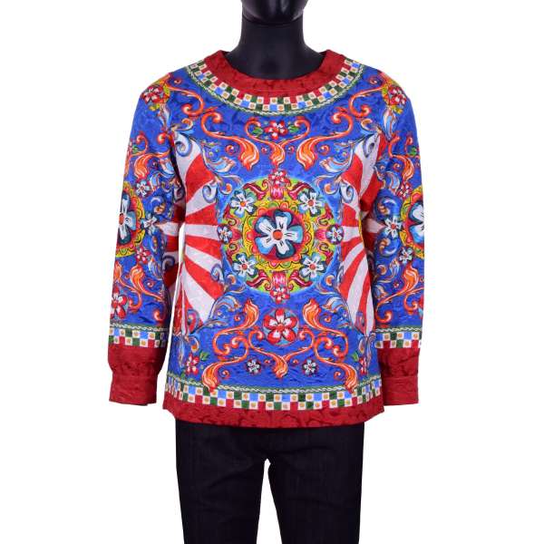 Brocade sweater with Carretto Siciliano Print in red and blue by DOLCE & GABBANA Black Line