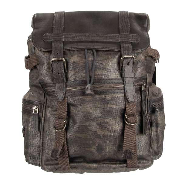Military Style canvas and leather camouflage backpack with pockets, logo pendant and logo texture by DOLCE & GABBANA