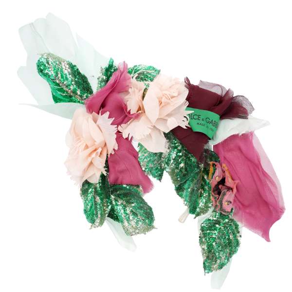 Hairband embelished with silk flowers, sequined embroidered petals and DG Logo patch in pink and green by DOLCE & GABBANA