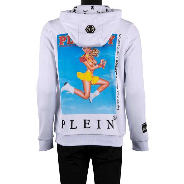Hoody jacket with a print of a magazine cover of Carly Lauren / College Issue with logo embroidery at the back and embroidered 'Playboy Plein' logo at the front by PHILIPP PLEIN x PLAYBOY