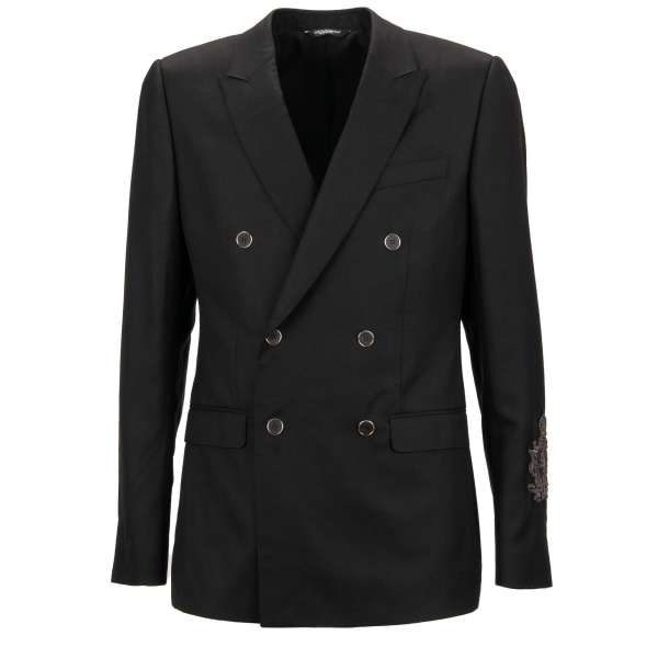 Double-Breasted cashmere and silk blend blazer with DG Crown Logo pearl embroidery peak lapel in black by DOLCE & GABBANA
