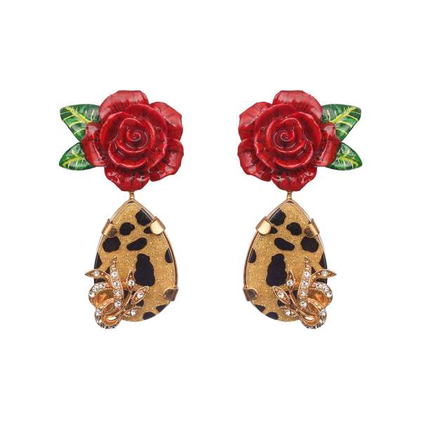 Clip Earrings adorned with floral crystals elements, glitter leopard pattern drops and hand-painted roses in red and gold by DOLCE & GABBANA