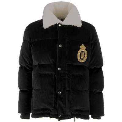 Cord Down Jacket with Fur Collar and Logo Embroidery Black 46 S