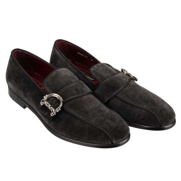 DG Baroque logo buckle embellished loafer shoes MILANO made of velvet in gray by DOLCE & GABBANA