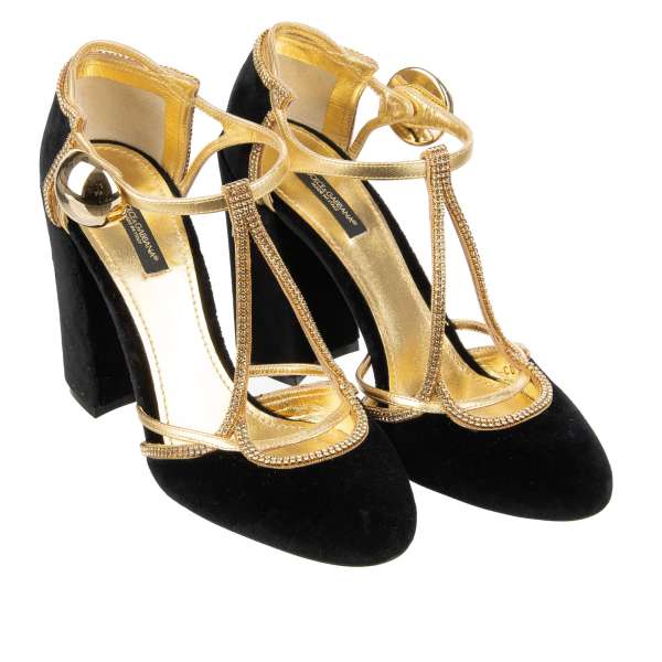 Mary Jane Pumps VALLY aus Samt in Schwarz mit elastischer Schnalle und Kristallen Riemchen aus Leder in Gold von DOLCE & GABBANA