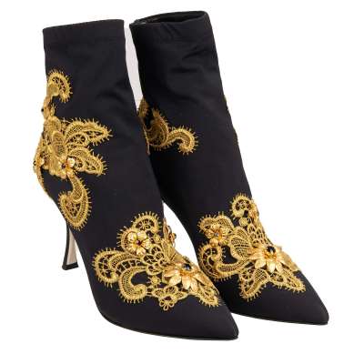Baroque Embroidery Boots Pumps LORI Black Gold 37.5