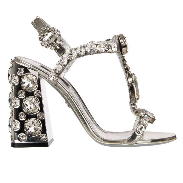 Leather Sandals KEIRA with crystals strap applications and crystals buckle in silver by DOLCE & GABBANA
