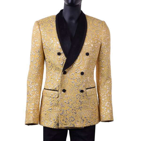 Double-breasted baroque style jacquard tuxedo blazer with velvet collar in yellow and gold tone by DOLCE & GABBANA Black Label