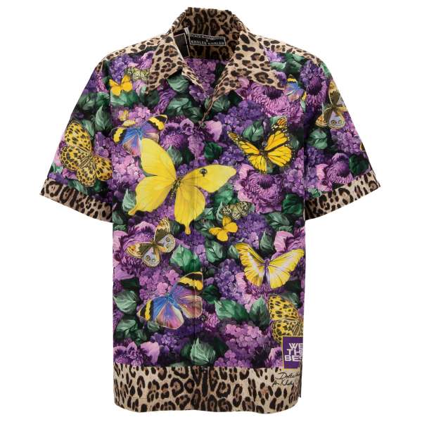 Short sleeves Hawaii cotton shirt with butterfly, flowers, leopard and logo print and front pocket by DOLCE & GABBANA - DOLCE & GABBANA x DJ KHALED Limited Edition