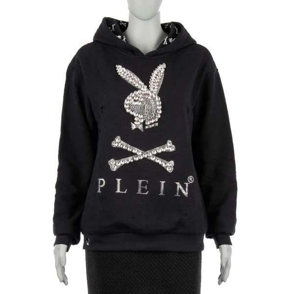 Destroyed Women's Hoody with a large crystals Bunny Skull Logo at the front and crystals PLAYBOY X PLEIN lettering at the back by PHILIPP PLEIN X PLAYBOY