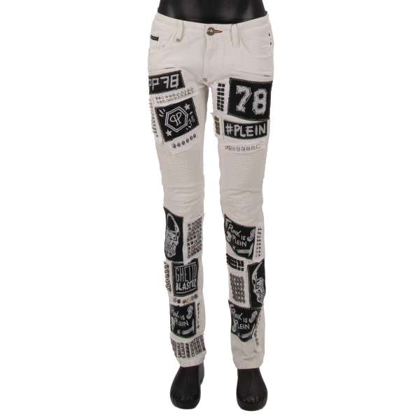 Biker 'Combination' Skinny straight cut 6-pockets Jeans with metal studs, skull, logo and Punk embroidered patches in white by PHILIPP PLEIN