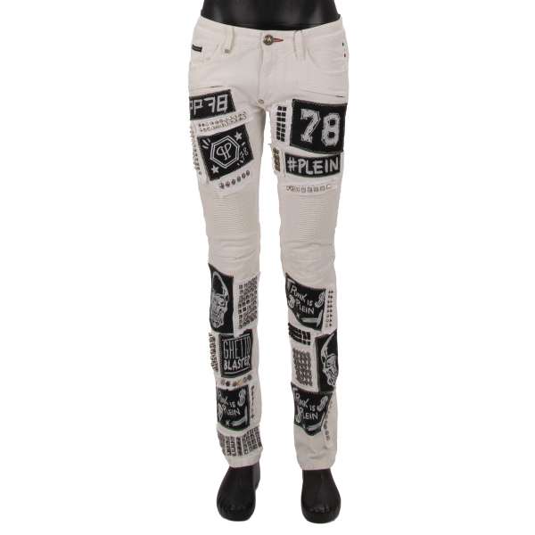 Biker 'Combination' Skinny straight cut 6-pockets Jeans with metal studs, skull, logo and Punk embroidered patches in white by PHILIPP PLEIN
