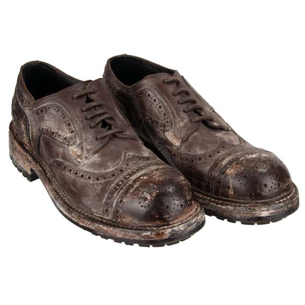 Derby Shoes BERNINI made of vintage painted leather with lace in brown and white by DOLCE & GABBANA