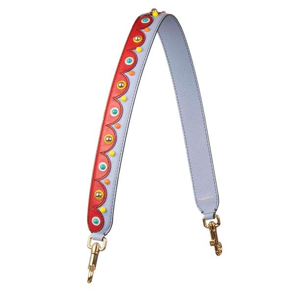 Dauphine leather bag Strap / Handle in blue and red with multicolor studs by DOLCE & GABBANA