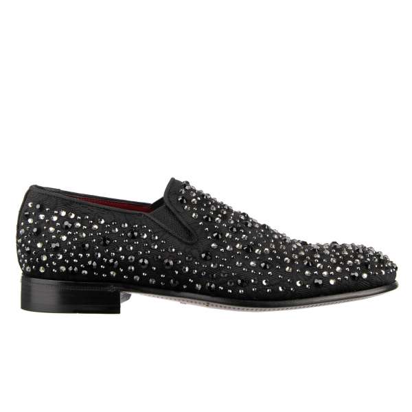 Elastic black and silver crystals embellished loafer shoes MILANO made of fabric with floral pattern by DOLCE & GABBANA