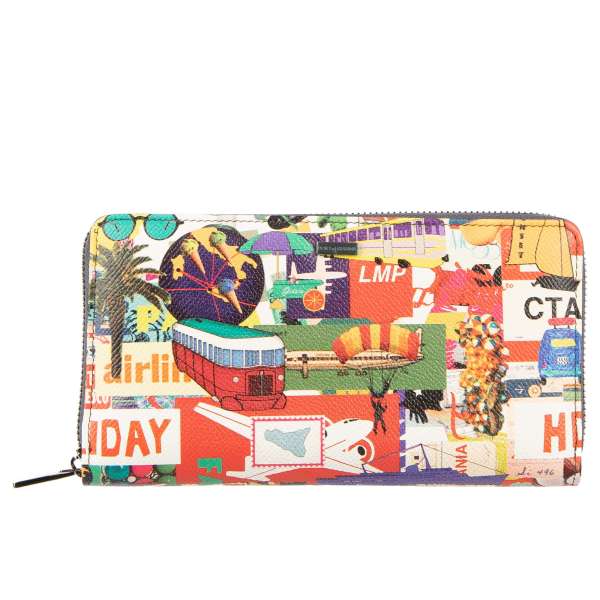Printed Dauphine Leather Zip-Around wallet with logo plate in multicolor by DOLCE & GABBANA