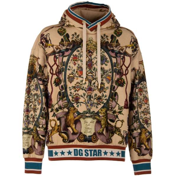 Cotton hooded sweater / hoodie DG Star with Floral and Lions Heraldry and Logo print by DOLCE & GABBANA