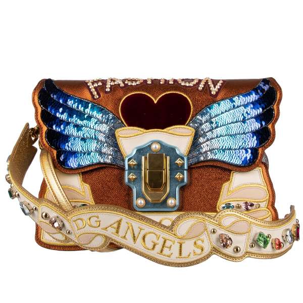 Jeweled shoulder bag LUCIA DG Angels with crystals, studs and logo embroidery, velvet heart, additional crystals embellished strap and sequins wings by DOLCE & GABBANA