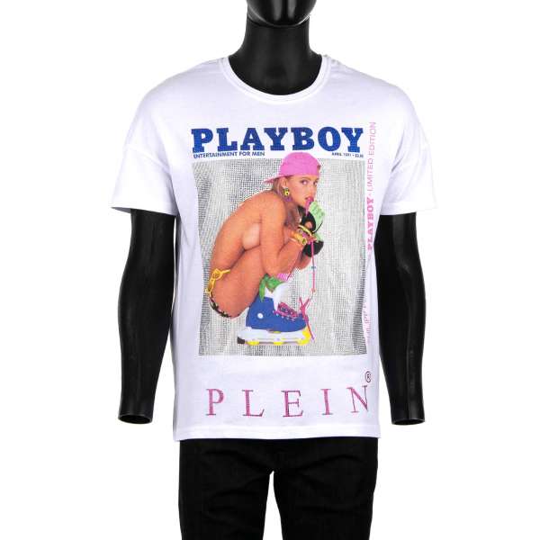 T-Shirt with a crystals graphic print of a magazine cover of Julie Clark with PLEIN PLAYBOY at the front and rubber printed 'Playboy Plein' lettering printed at the back by PHILIPP PLEIN x PLAYBOY