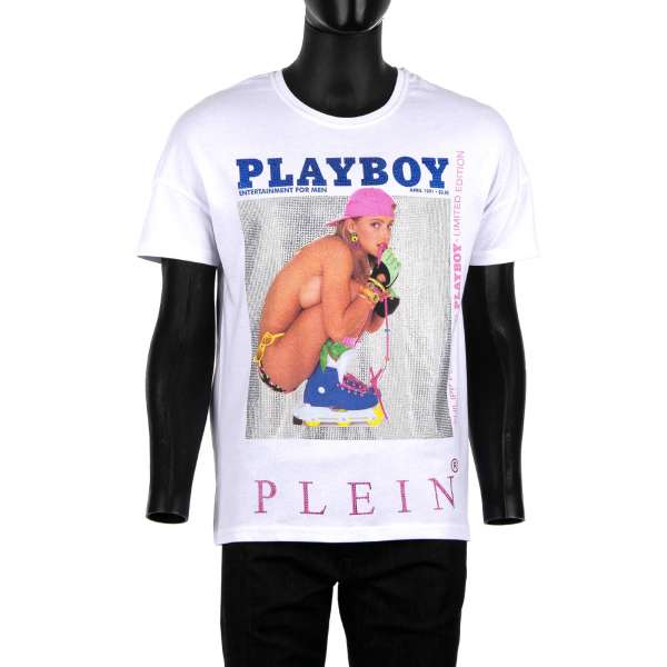 T-Shirt mit Kristallen verziertem Magazin Print von Julie Clark mit PLAYBOY PLEIN vorne und mit Gummi bedrucktem 'Playboy Plein' Schriftzug auf der Rückseite von PHILIPP PLEIN x PLAYBOY