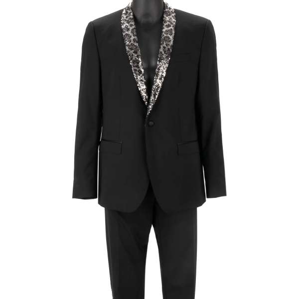 Virgin wool tuxedo suit MARTINI with leopard pattern sequin embroidered shawl lapel and pants side stripes in silver and black by DOLCE & GABBANA 