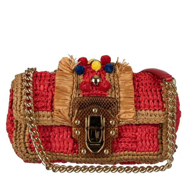 Raffia shoulder bag LUCIA with Pom-Poms, studs and gold chain strap by DOLCE & GABBANA