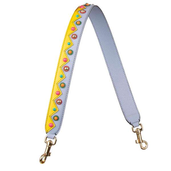 Dauphine leather bag Strap / Handle in blue and yellow with multicolor studs by DOLCE & GABBANA