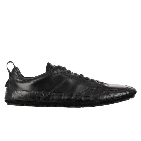 Low-Top Crocodile leather mix Sneaker KING DRIVER with Crown logo in black by DOLCE & GABBANA