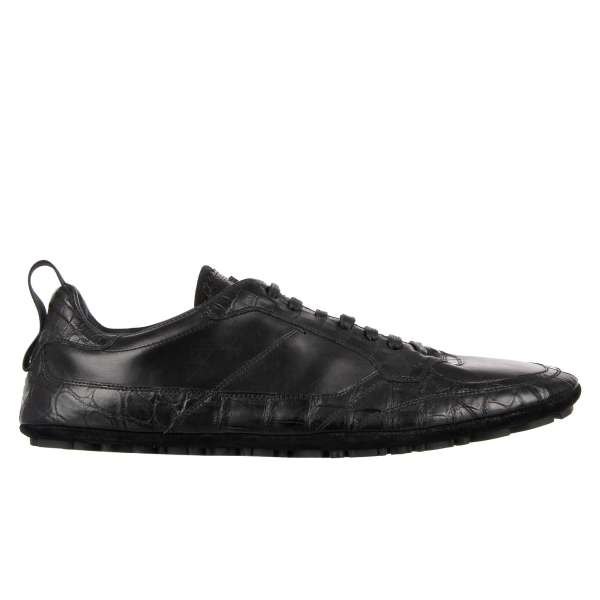 Low-Top Crocodile leather Sneaker KING DRIVER mit Krone Logo in Schwarz von DOLCE & GABBANA