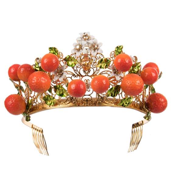 Dolce Gabbana Orange Flower Crystals Tiara Crown Gold FASHION
