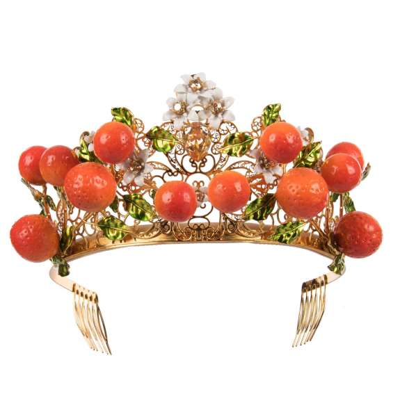 Filigrane Tiara / Krone mit handgemalten Orangen und Kristallen in Gold von DOLCE & GABBANA