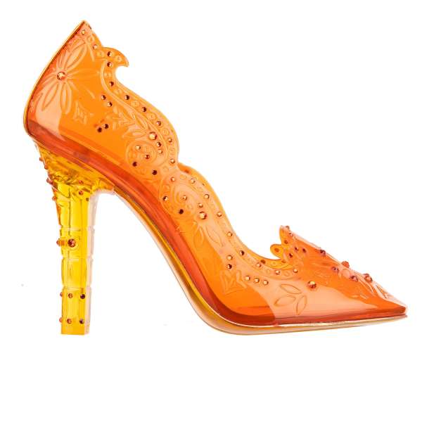 Cinderella transparent Pumps made of PVC embellished with rhinestones in orange by DOLCE & GABBANA 