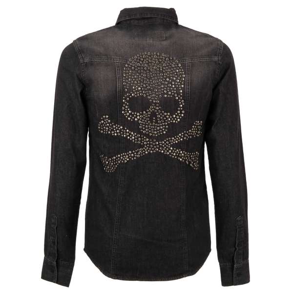 MARLON Jeans / Denim Hemd mit Kristall Perlen Skull und zwei Taschen vorne in Grau / Schwarz von PHILIPP PLEIN