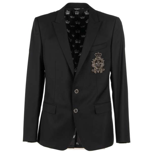 Virgin Wool blazer MARTINI with crown and bee pearls and crystal embroidery in black by DOLCE & GABBANA