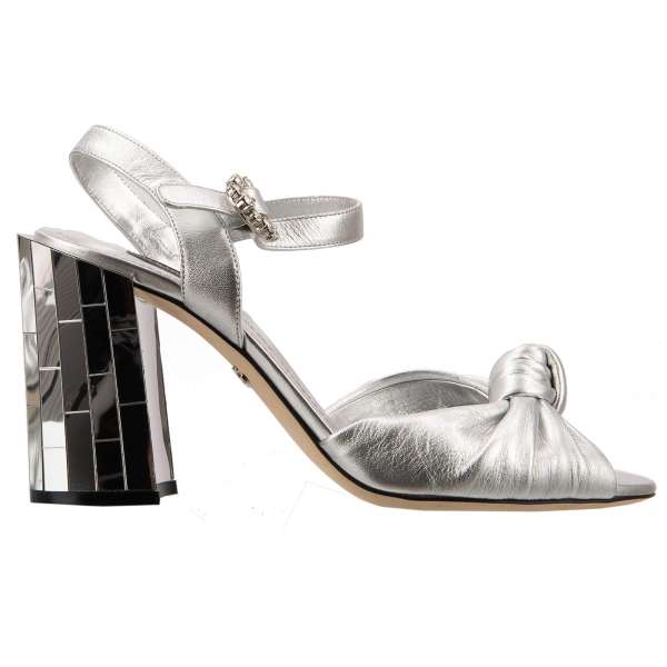 Disco Ball Heel Leather Sandals KEIRA embellished with crystal buckle in silver by DOLCE & GABBANA