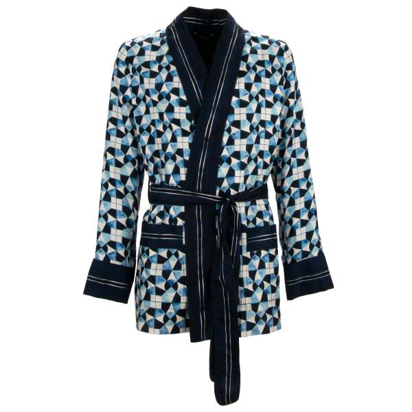 Gio Ponti design silk robe / blazer with belt fastening in blue and white by DOLCE & GABBANA