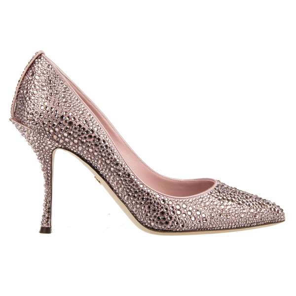 Pointed Decollete Silk and Leather Pumps LORI in rose covered with crystals by DOLCE & GABBANA
