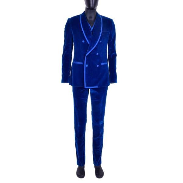 3-Teiliger doppelreihiger Anzug aus Samt mit rundem Kragen und Kontrast-Linien am Revers und an der Weste von DOLCE & GABBANA Black Label