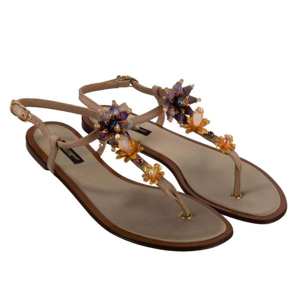 Leather Sandals INFRADITO embellished with brass flowers, crystals and pearls in gold, purple and beige by DOLCE & GABBANA 